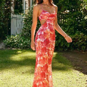 Pink Floral Maxi Cutout Dress